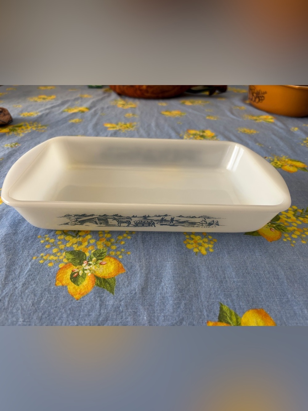 Cream Rectangular Bakeware Dish with Curriers  Ives Motif